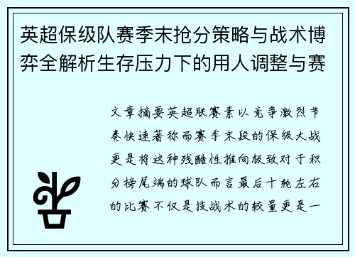 英超保级队赛季末抢分策略与战术博弈全解析生存压力下的用人调整与赛程应对