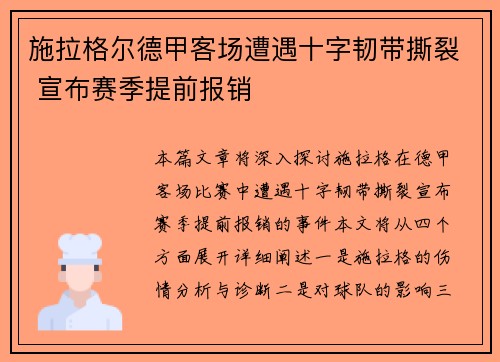 施拉格尔德甲客场遭遇十字韧带撕裂 宣布赛季提前报销